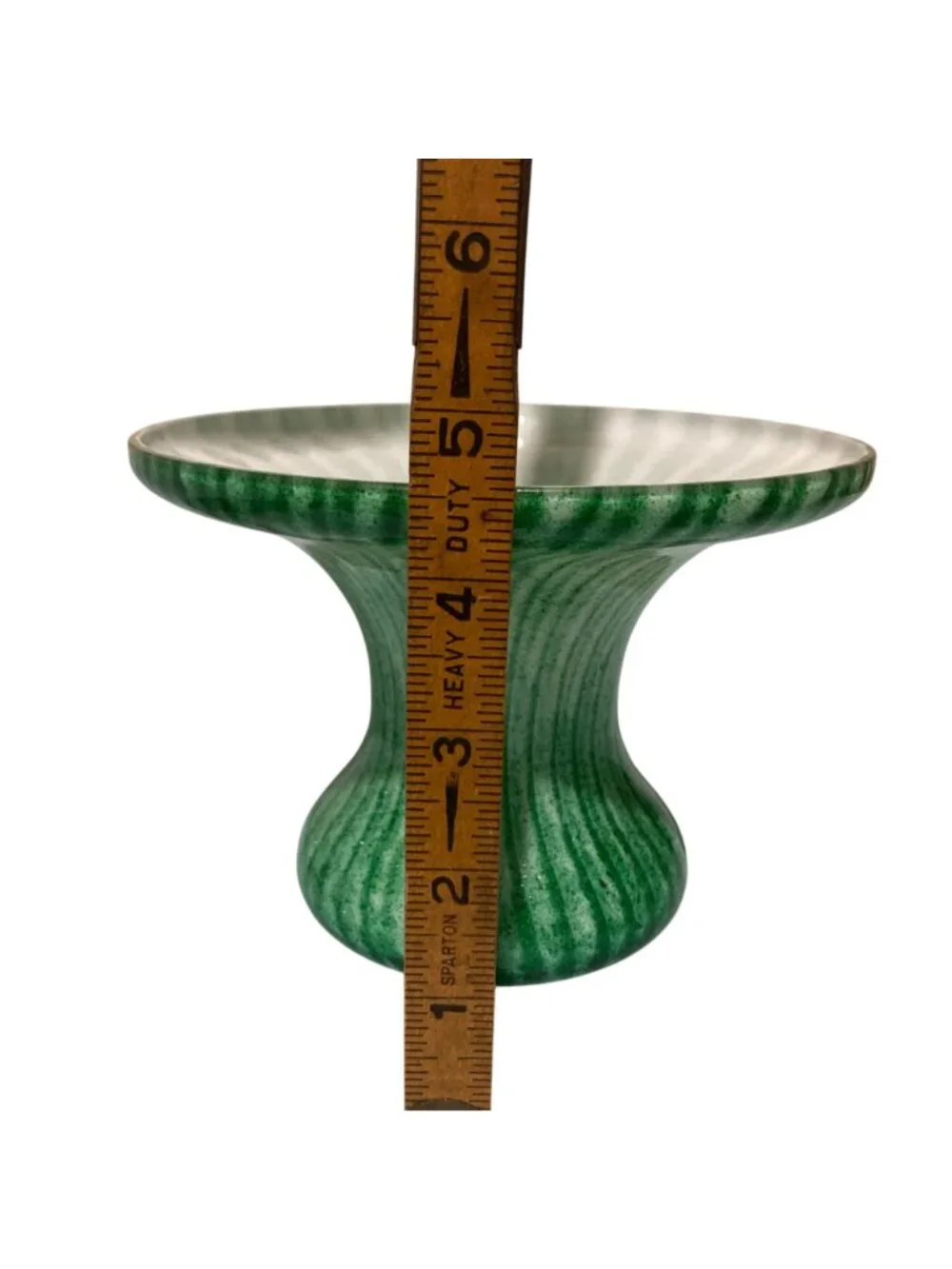Green And White Cased Glass Vase With Fluted Rim And Striped Pattern